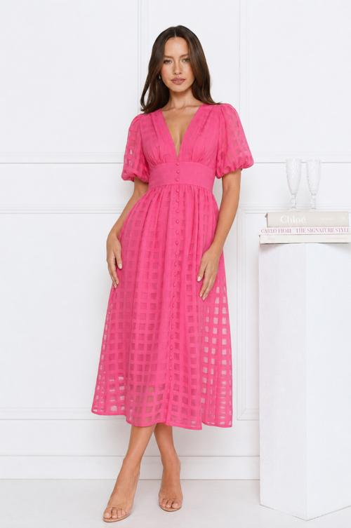 Emily elegant airy lace midi dress with V-neck and puff sleeves – product photo 1