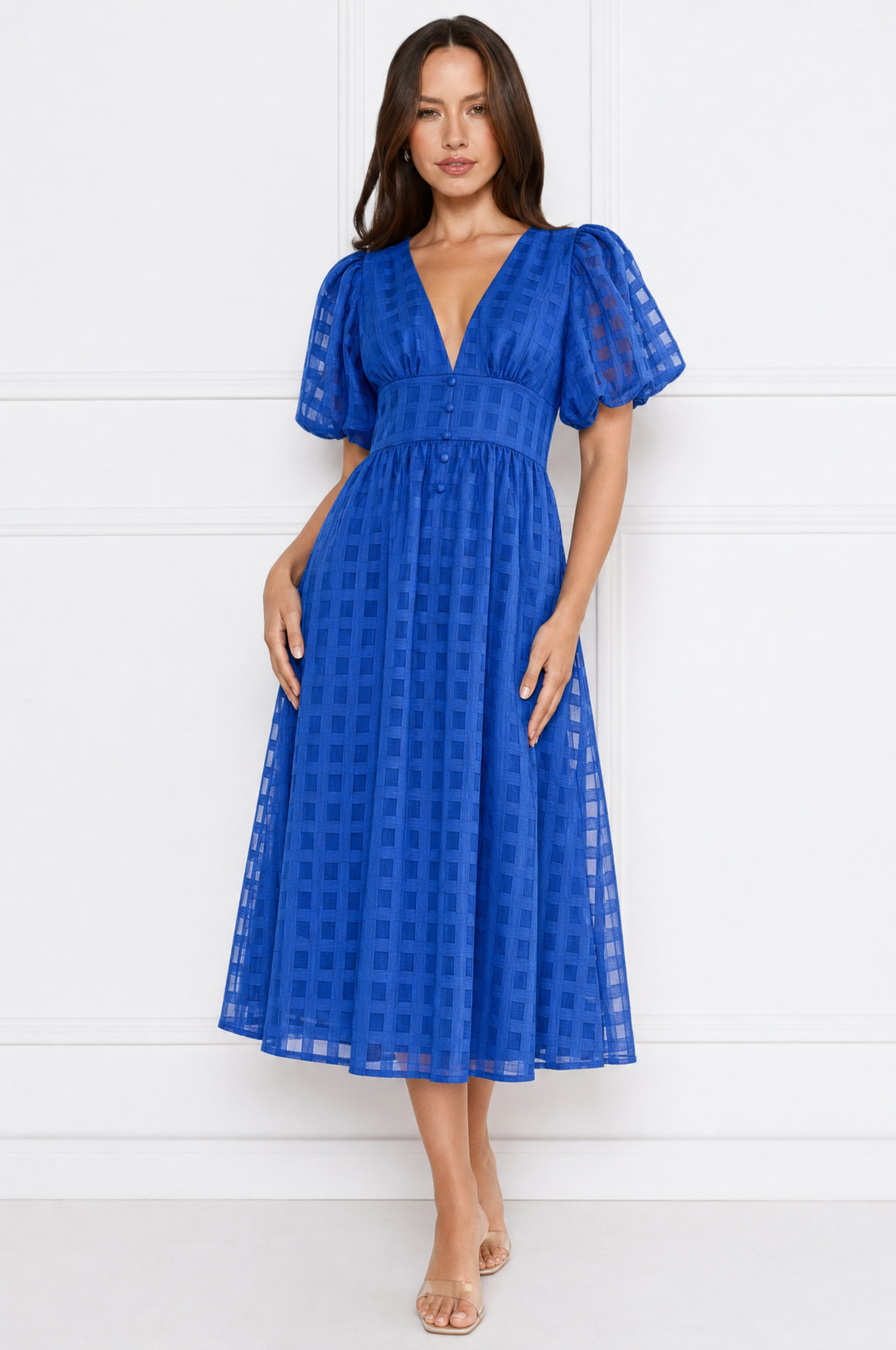 Emily elegant airy lace midi dress with V-neck and puff sleeves – product photo 7