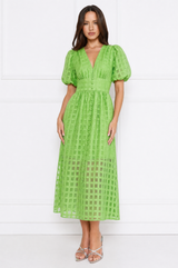 Emily elegant airy lace midi dress with V-neck and puff sleeves – product photo 10