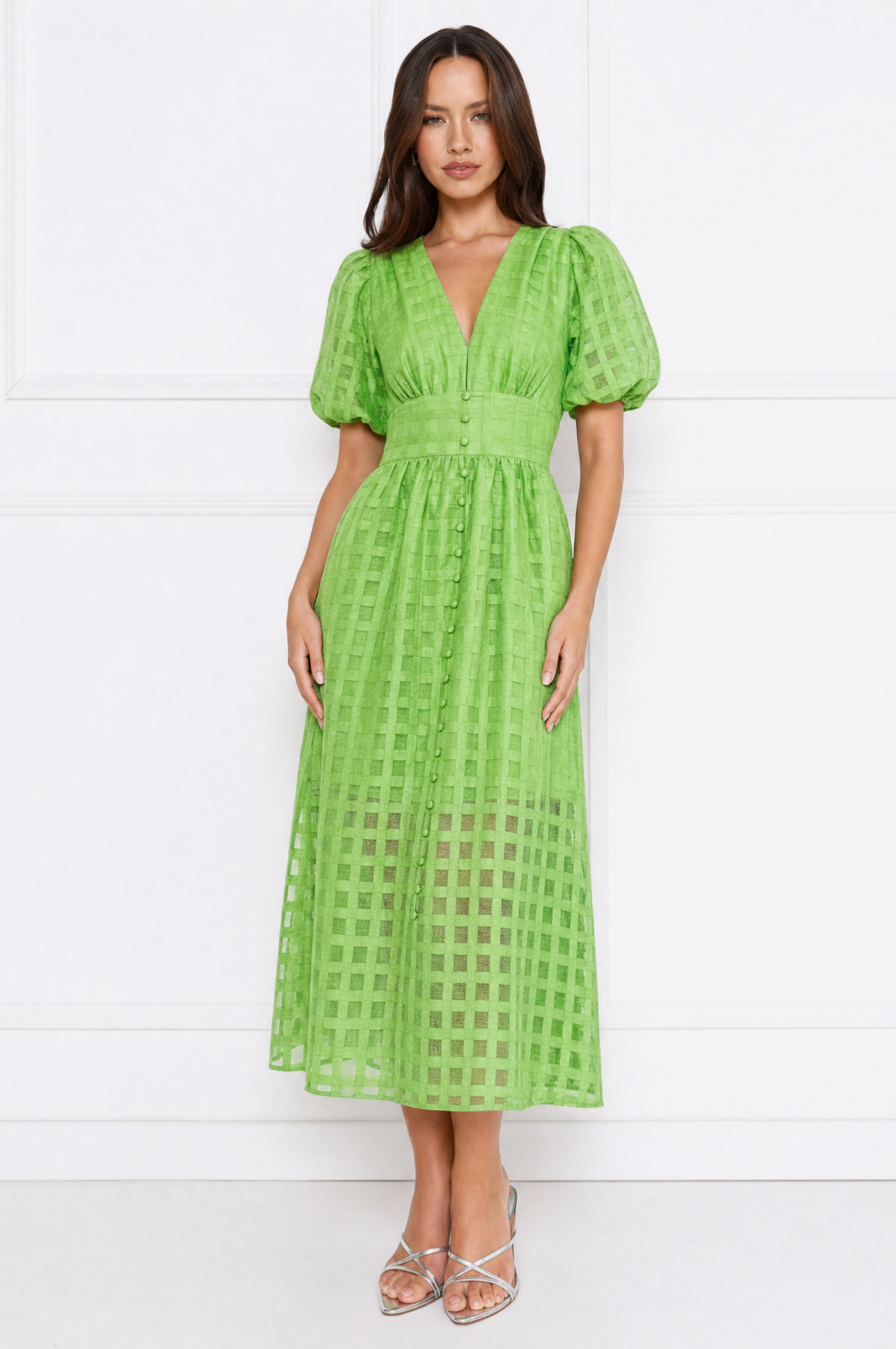 Emily elegant airy lace midi dress with V-neck and puff sleeves – product photo 10