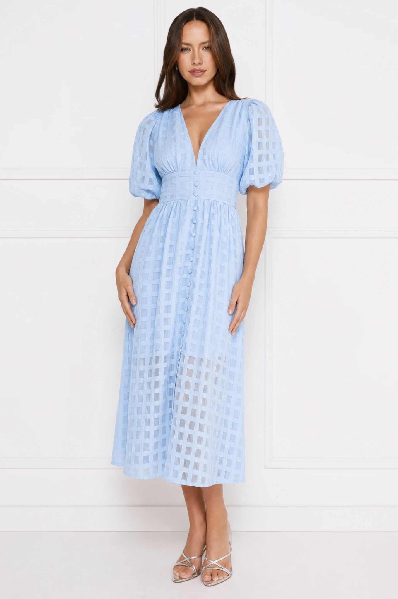 Emily elegant airy lace midi dress with V-neck and puff sleeves – product photo 8