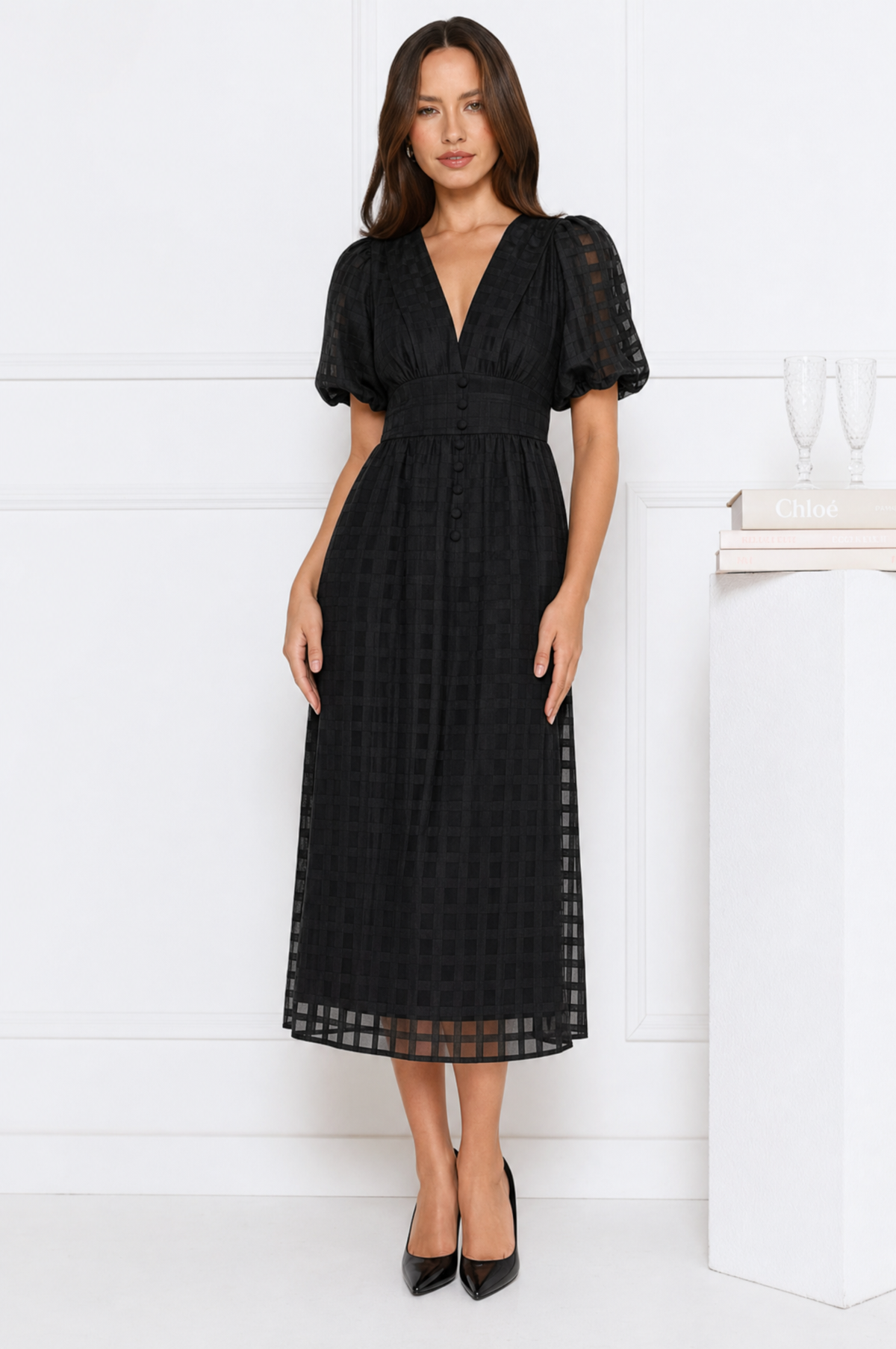Emily elegant airy lace midi dress with V-neck and puff sleeves – product photo 5
