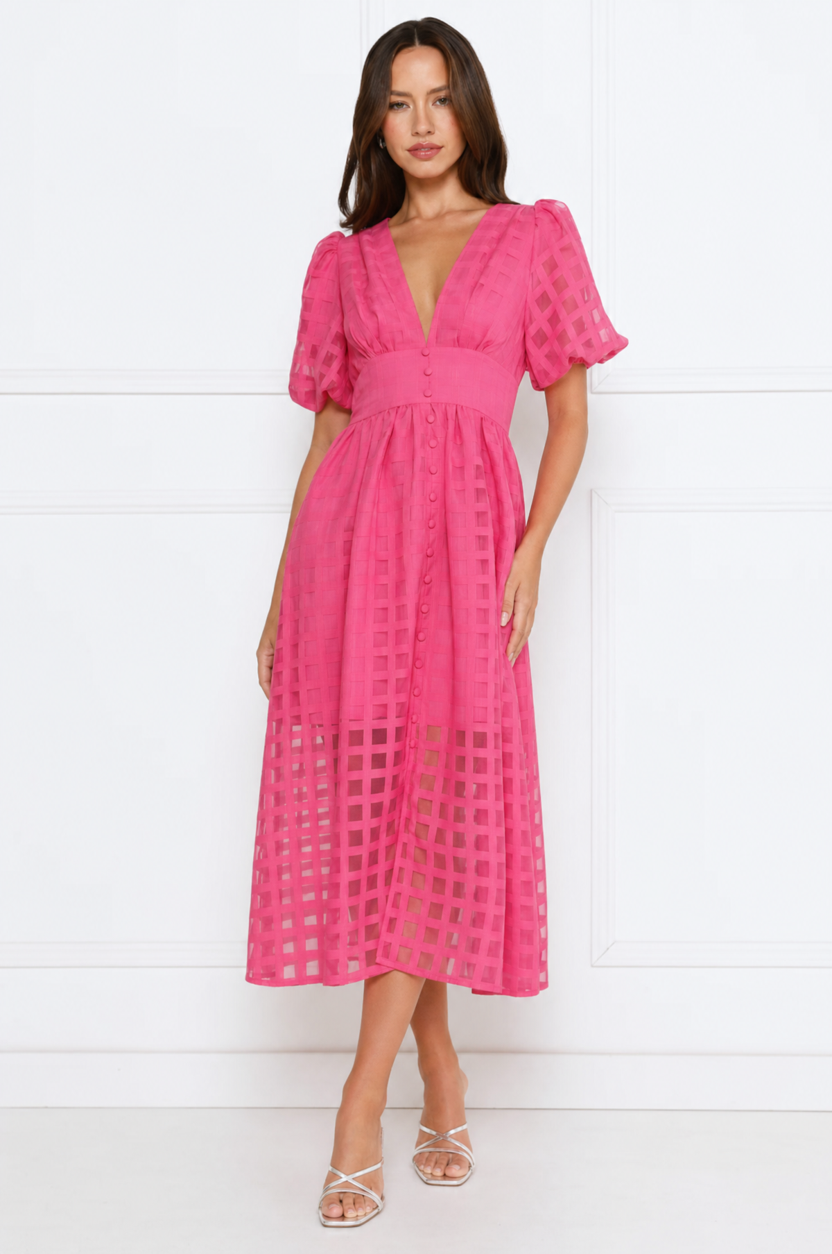Emily elegant airy lace midi dress with V-neck and puff sleeves – product photo 3