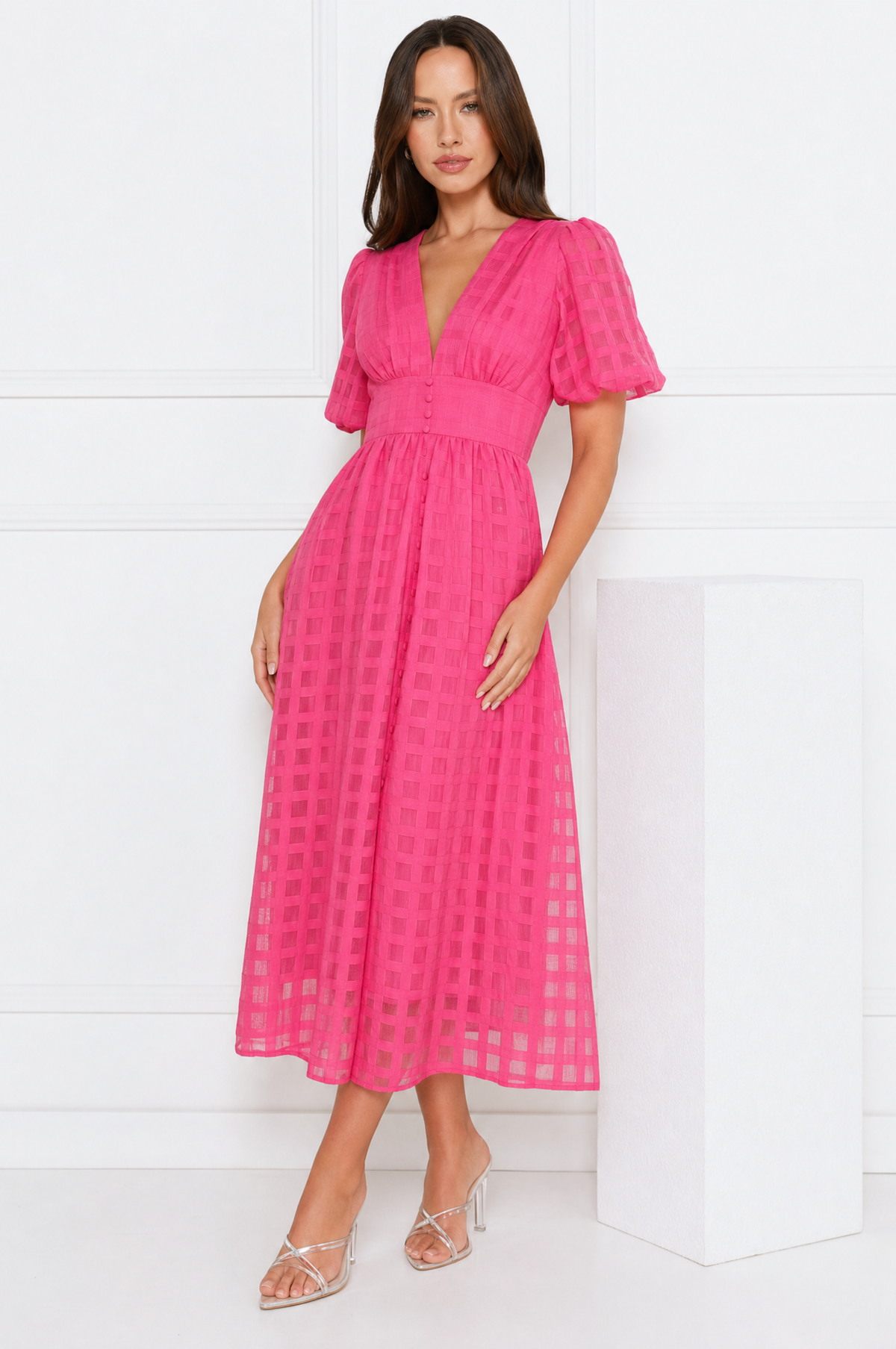 Emily elegant airy lace midi dress with V-neck and puff sleeves – product photo 2