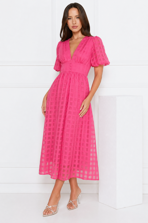 Emily elegant airy lace midi dress with V-neck and puff sleeves – product photo 2