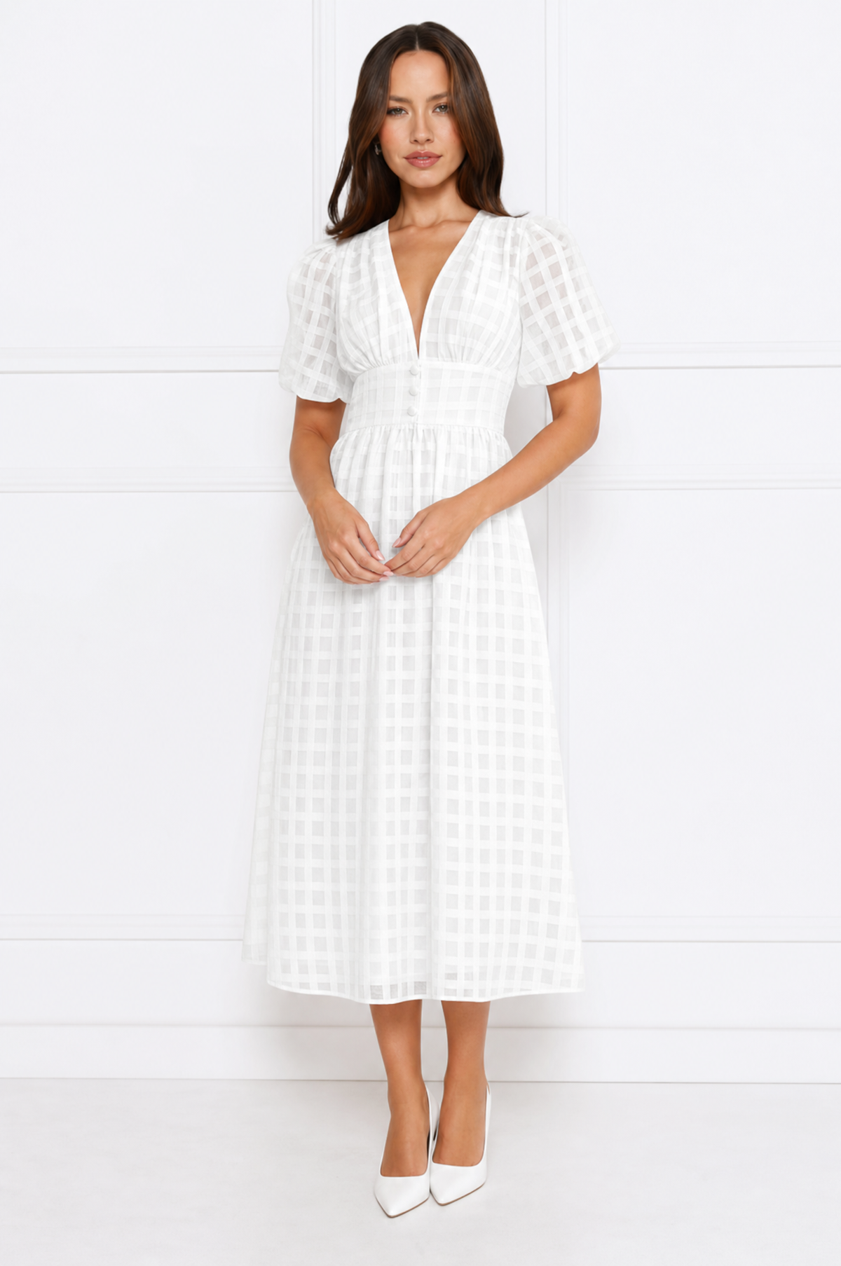 Emily elegant airy lace midi dress with V-neck and puff sleeves – product photo 6