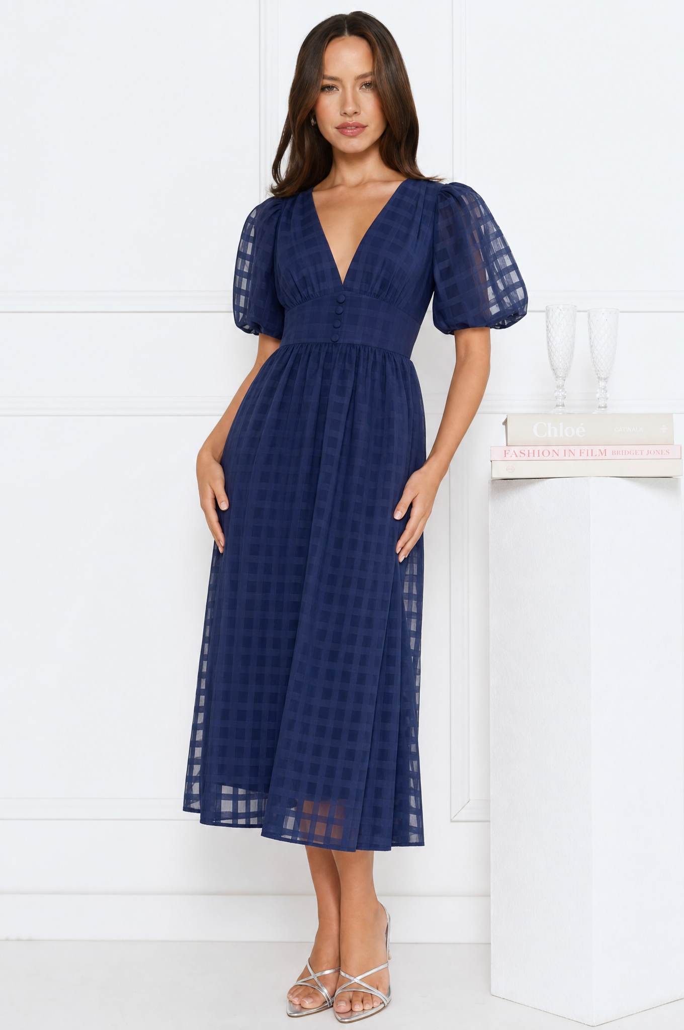 Emily elegant airy lace midi dress with V-neck and puff sleeves – product photo 9
