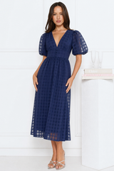 Emily elegant airy lace midi dress with V-neck and puff sleeves – product photo 9