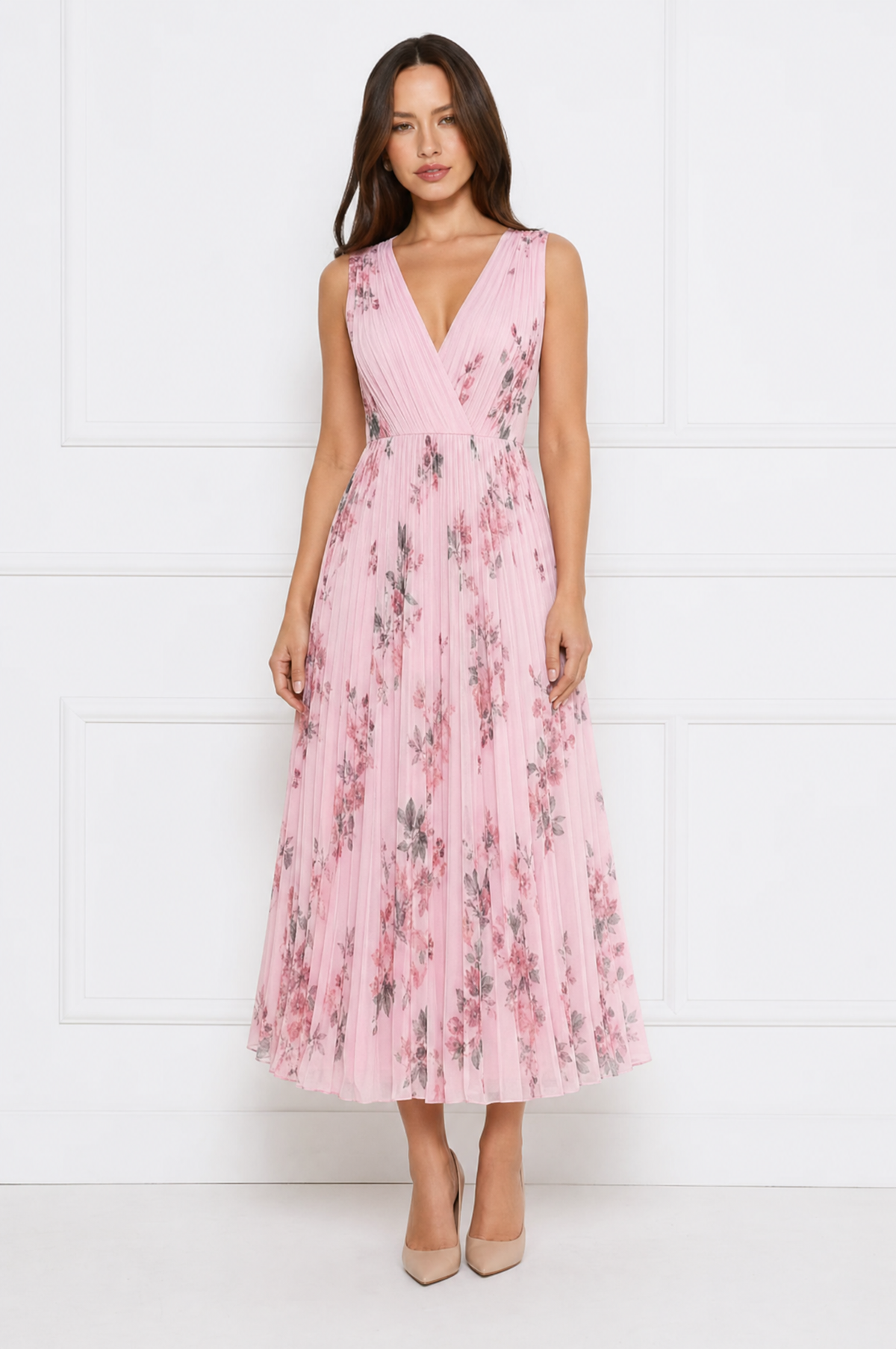 Samantha elegant pleated summer dress with V-neckline – product photo 1