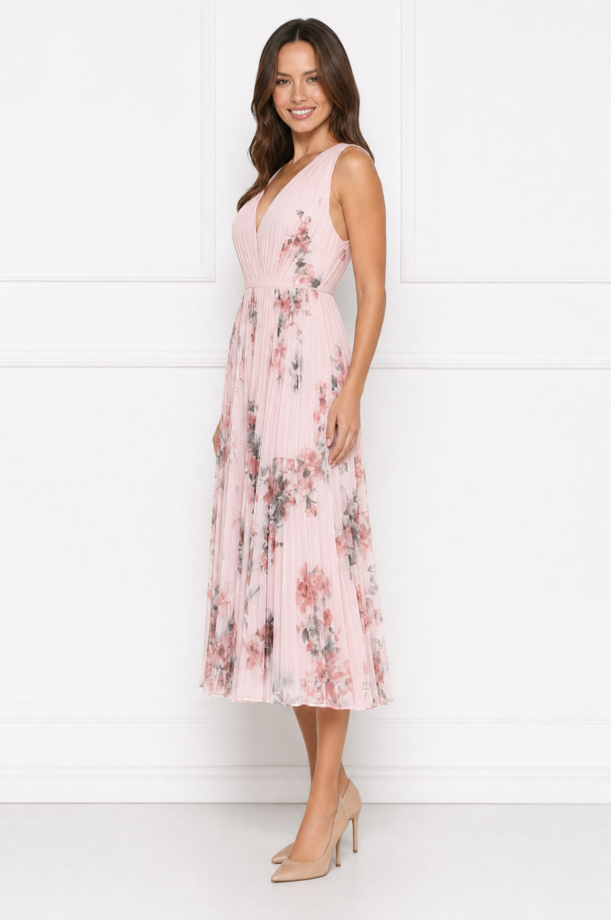 Samantha elegant pleated summer dress with V-neckline – product photo 2