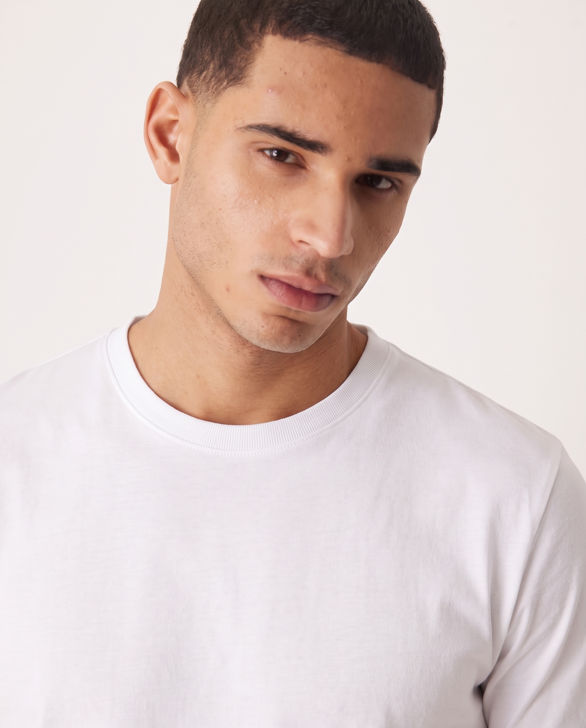 Ethan Classic Comfortable Men's T Shirt — White, neckline close-up