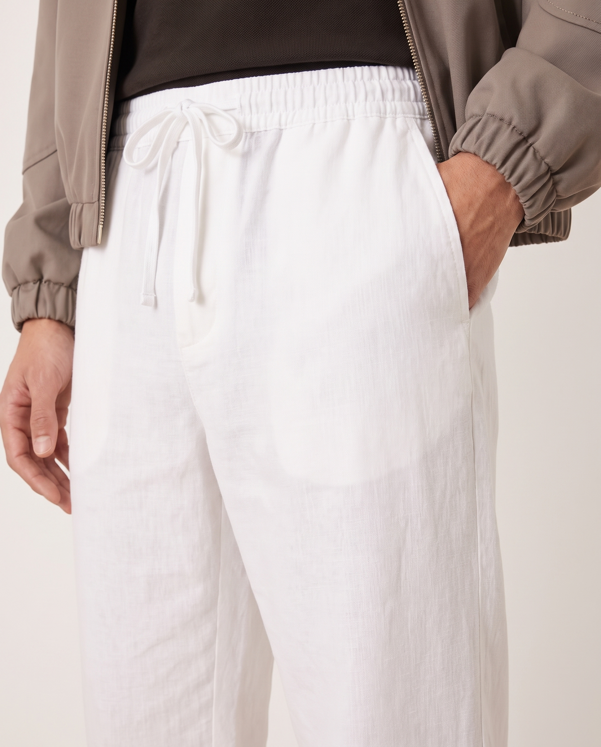 Ethan Lightweight Relaxed Casual Pants for Men — White, waistband and pocket detail