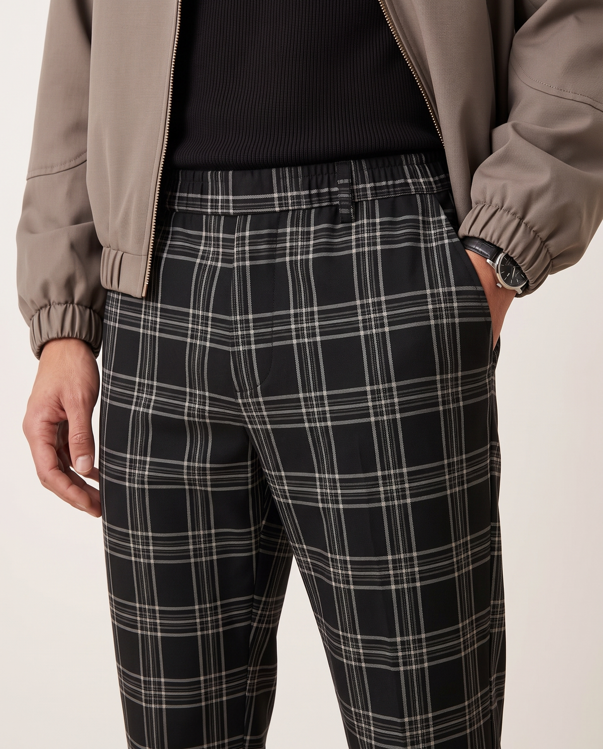 Ethan Stylish Checked Men's Pants — Black, check pattern detail