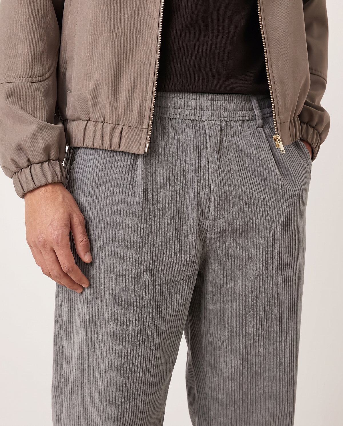 Ethan Stylish Loose-Fit Men's Chinos Trousers — Gray, waistband and corduroy detail