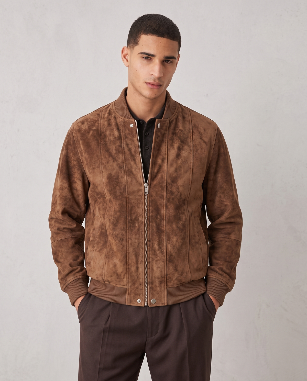 Quentin | Distressed Suede Year-Round Bomber Jacket — Brown, front