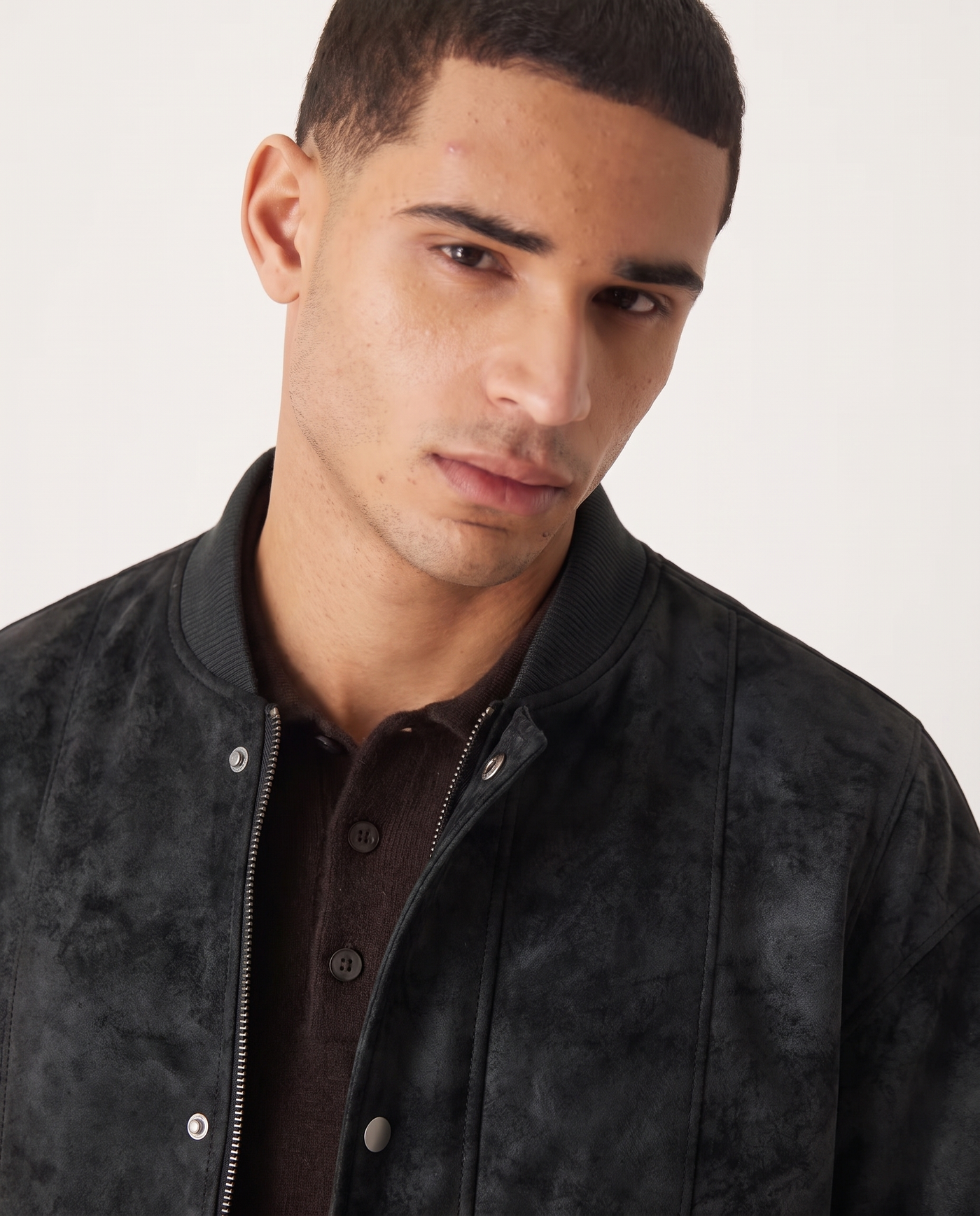Quentin | Distressed Suede Year-Round Bomber Jacket — Black, close-up