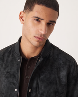 Quentin | Distressed Suede Year-Round Bomber Jacket — Black, close-up