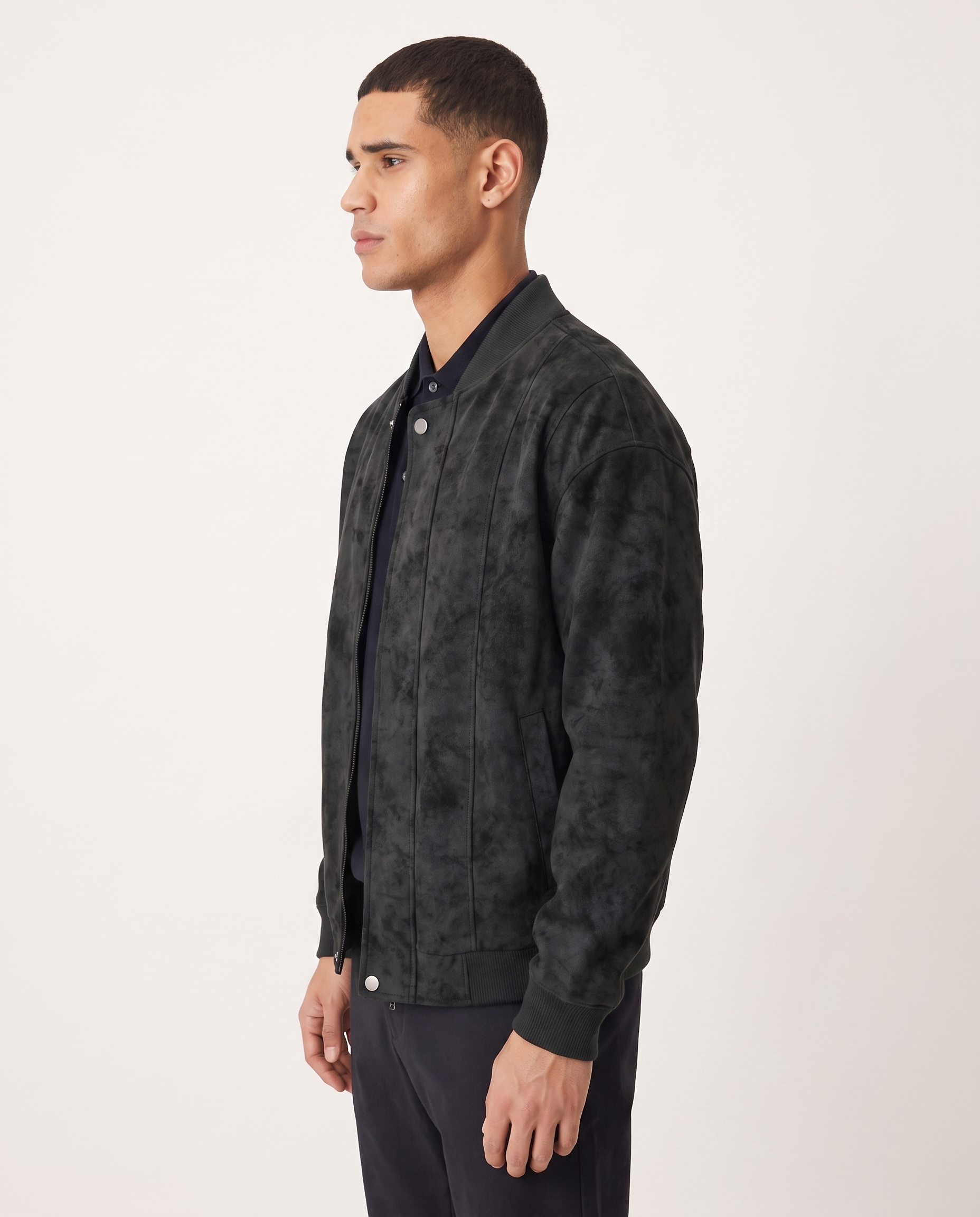 Quentin | Distressed Suede Year-Round Bomber Jacket — Black, side