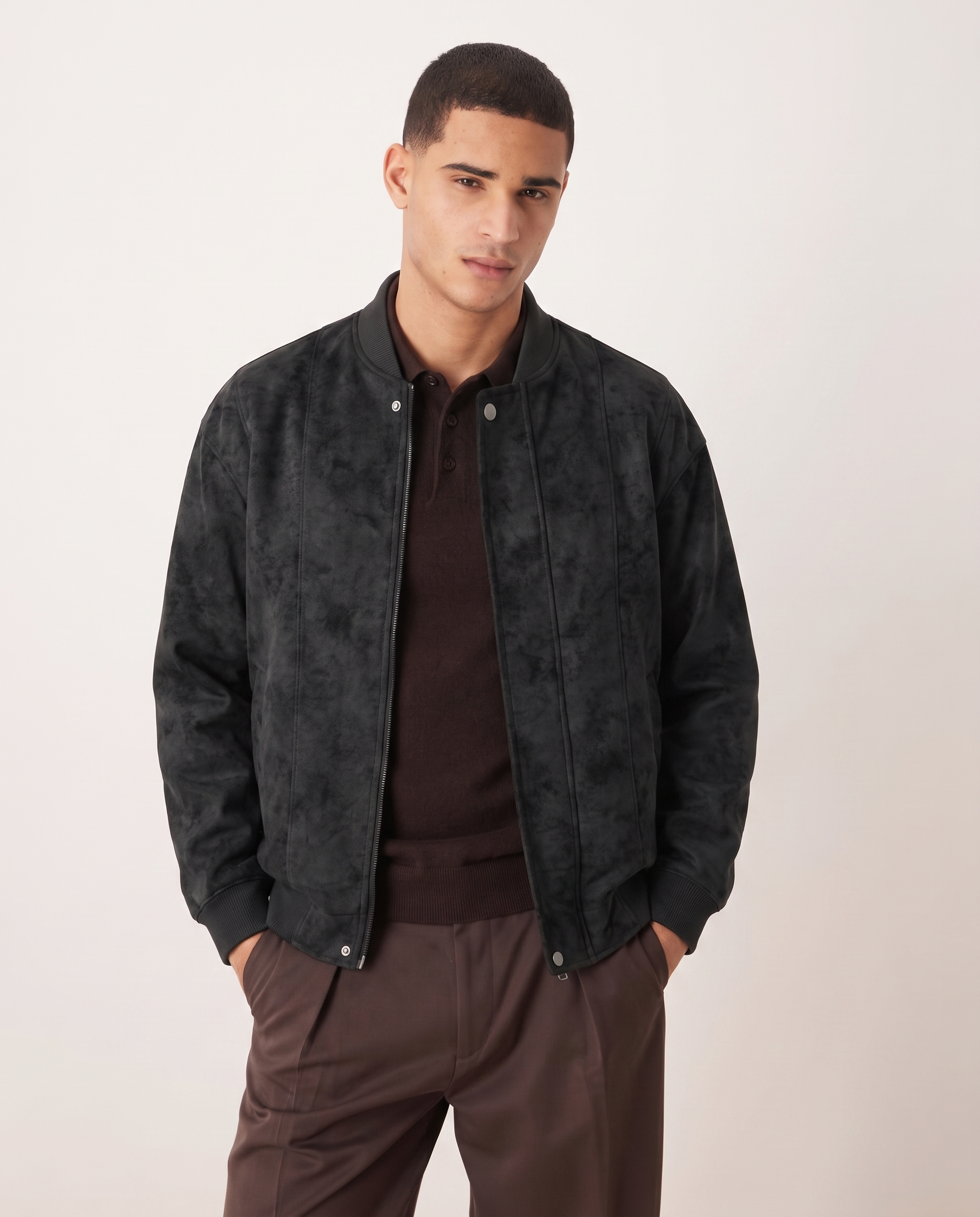 Quentin | Distressed Suede Year-Round Bomber Jacket — Black, front