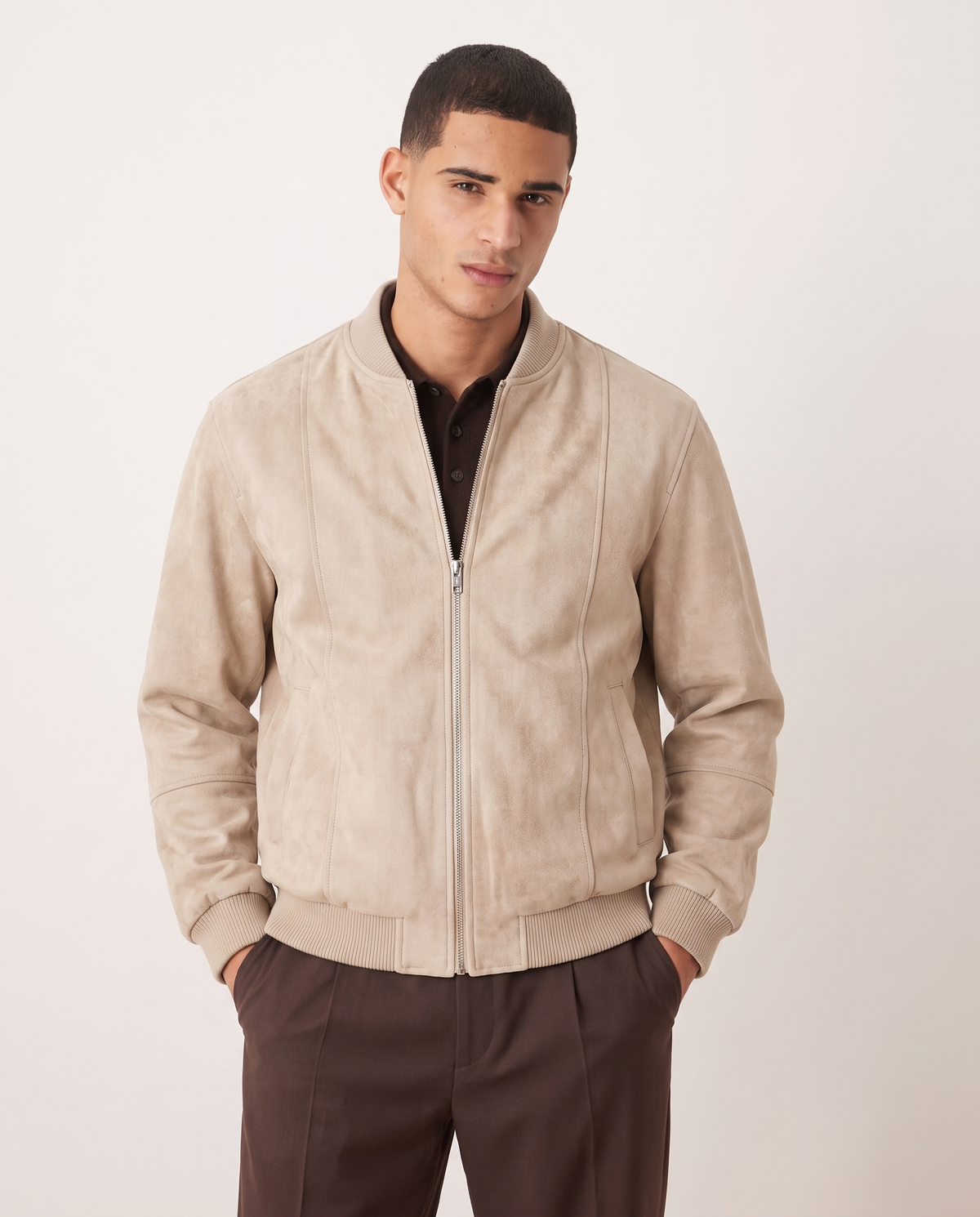 Quentin | Distressed Suede Year-Round Bomber Jacket — Beige, front