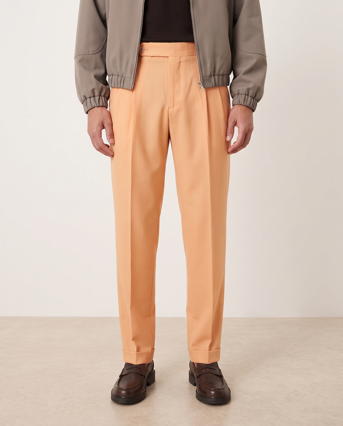 Ethan | Stylish Tailored Double Pleat Trousers — Apricot, detail