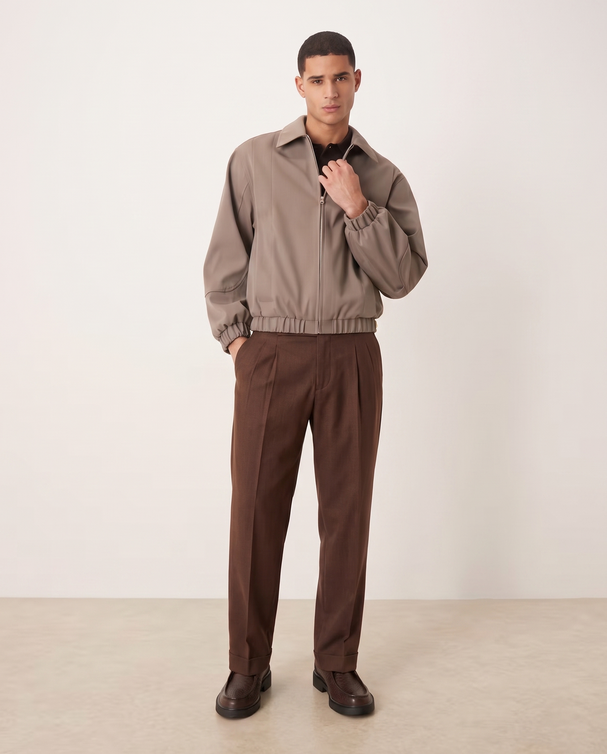 Ethan | Stylish Tailored Double Pleat Trousers — Dark Brown, full length