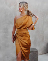 Sausalito Off-Shoulder Draped Satin Midi Dress
