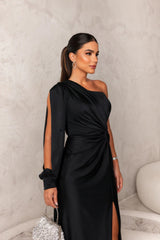 Evora One-Shoulder Satin Evening Dress with Side Slit