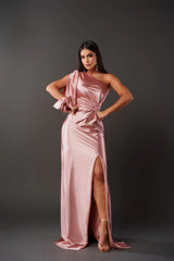 Evora One-Shoulder Satin Evening Dress with Side Slit