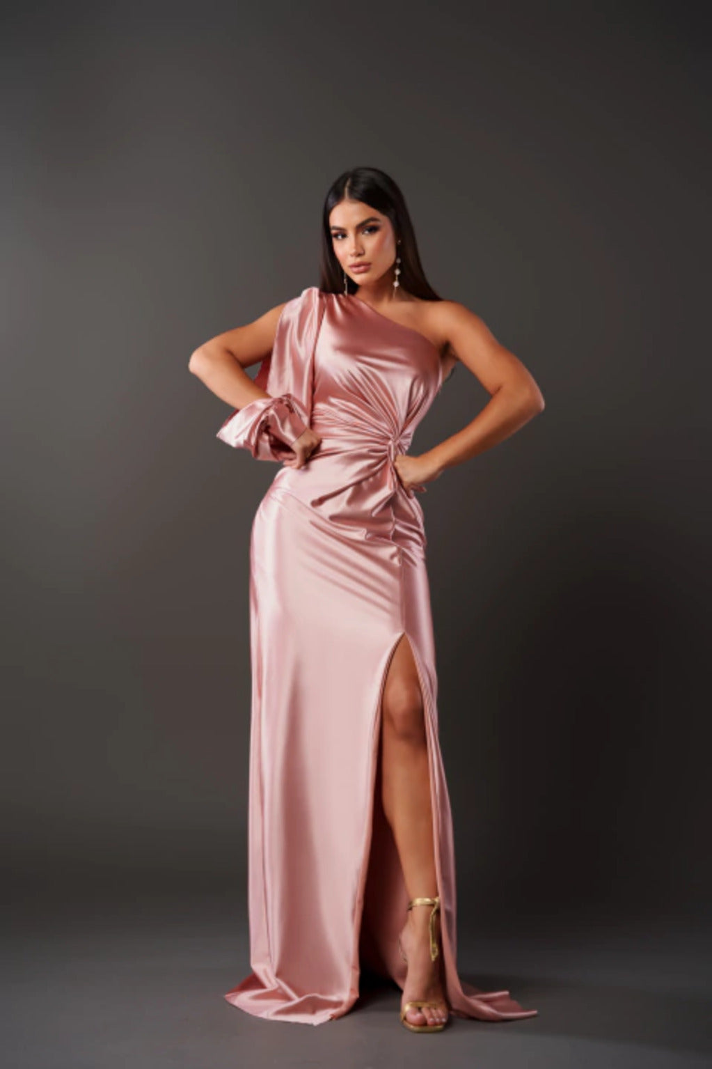 Evora One-Shoulder Satin Evening Dress with Side Slit