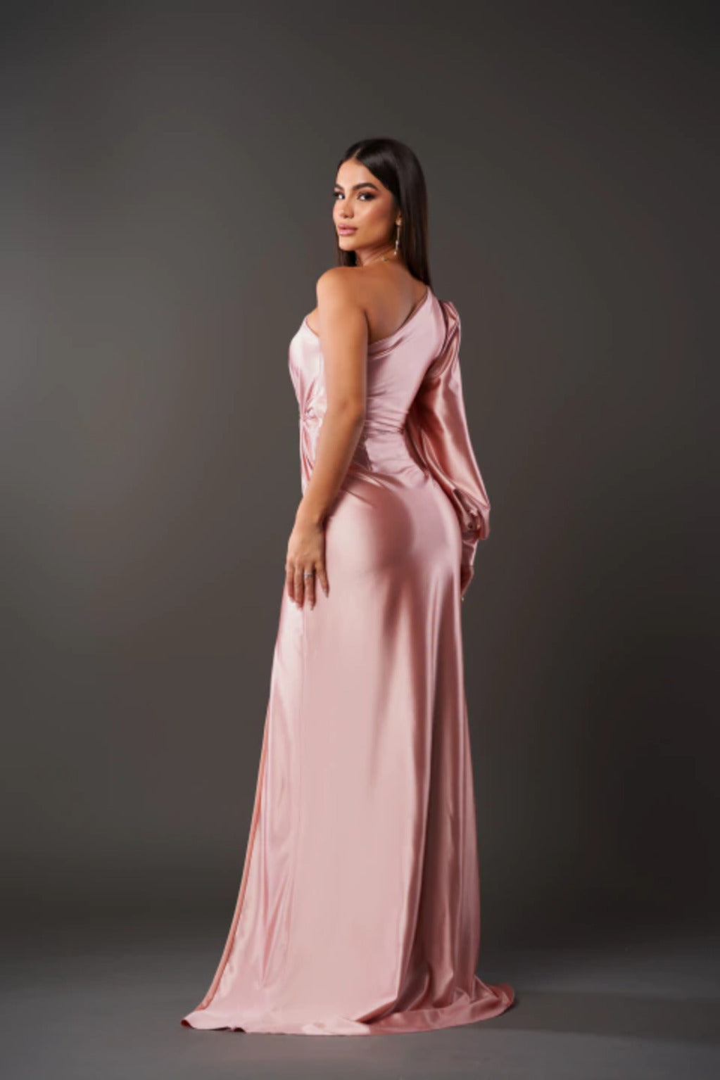 Evora One-Shoulder Satin Evening Dress with Side Slit