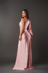Evora One-Shoulder Satin Evening Dress with Side Slit