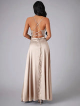Havana Satin Maxi Evening Dress with High Slit and Open Back