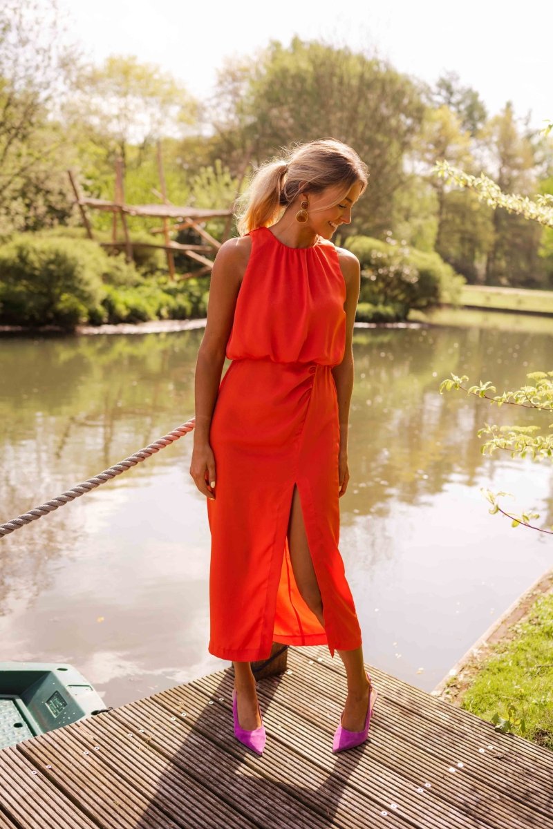Marbella High-Neck Sleeveless Midi Dress with Side Slit