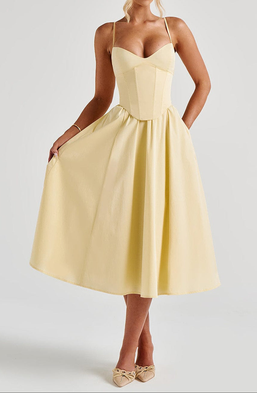 Tavira Corset Bodice A-Line Midi Dress with Pockets