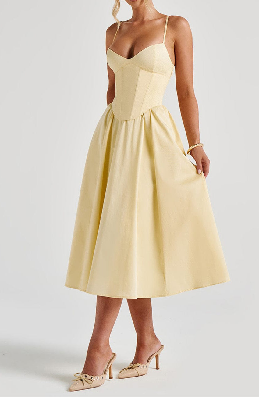 Tavira Corset Bodice A-Line Midi Dress with Pockets