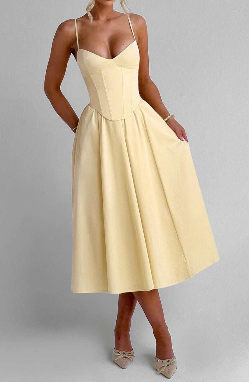 Tavira Corset Bodice A-Line Midi Dress with Pockets