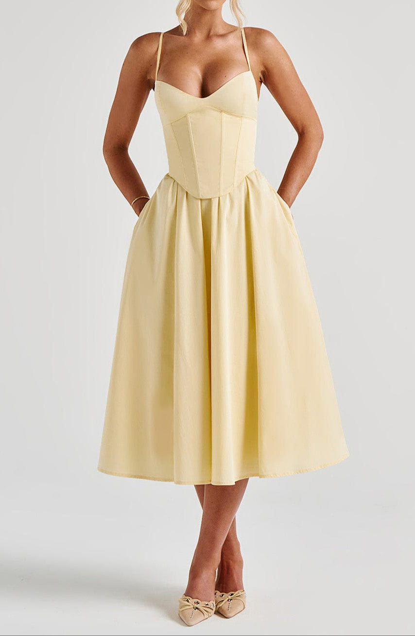 Tavira Corset Bodice A-Line Midi Dress with Pockets