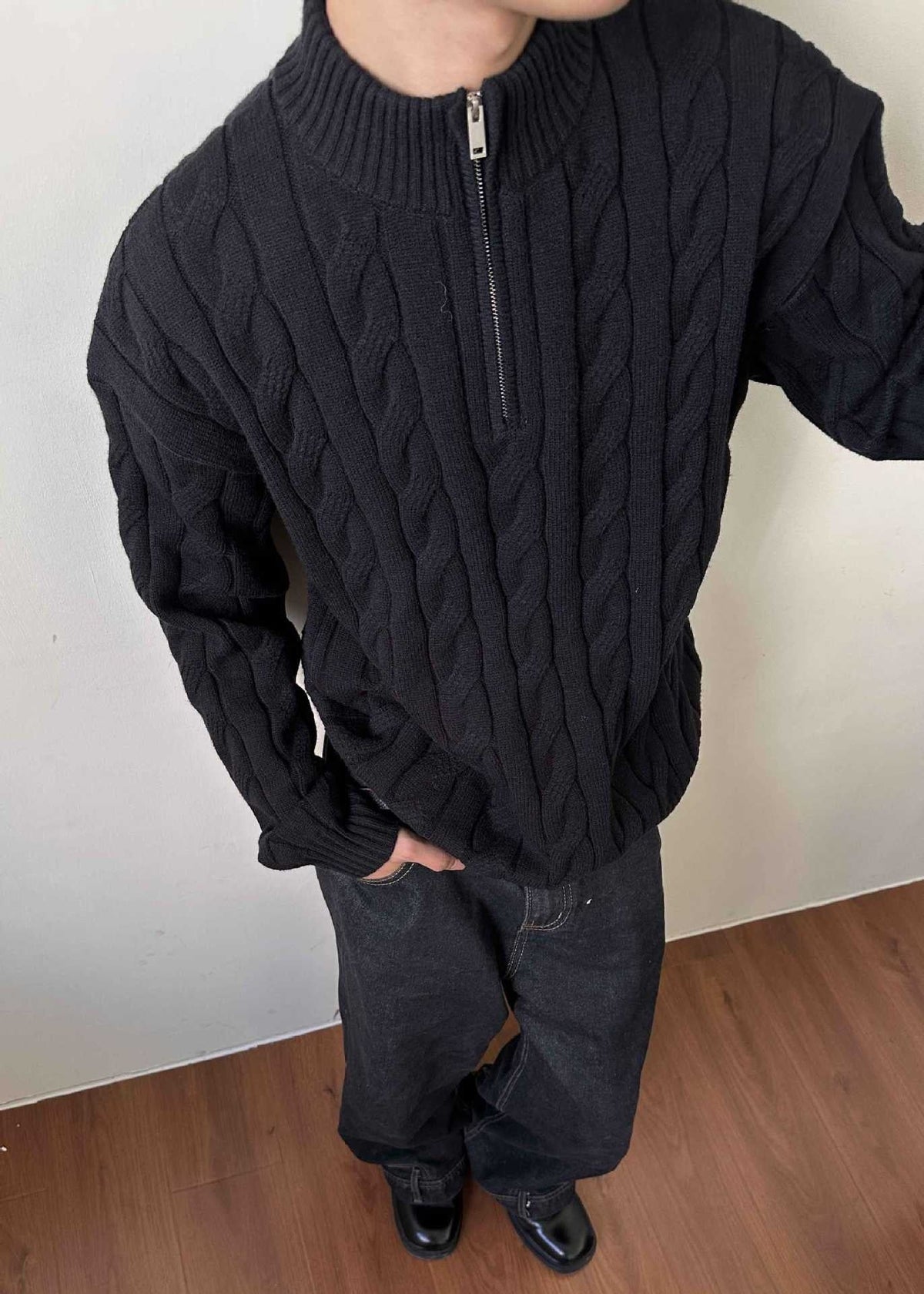 Men's Cable Knit Quarter Zip Sweater High Neck
