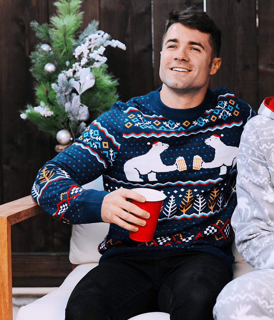 Men's Christmas Sweater Fair Isle Polar Bear Santa Hat Knit