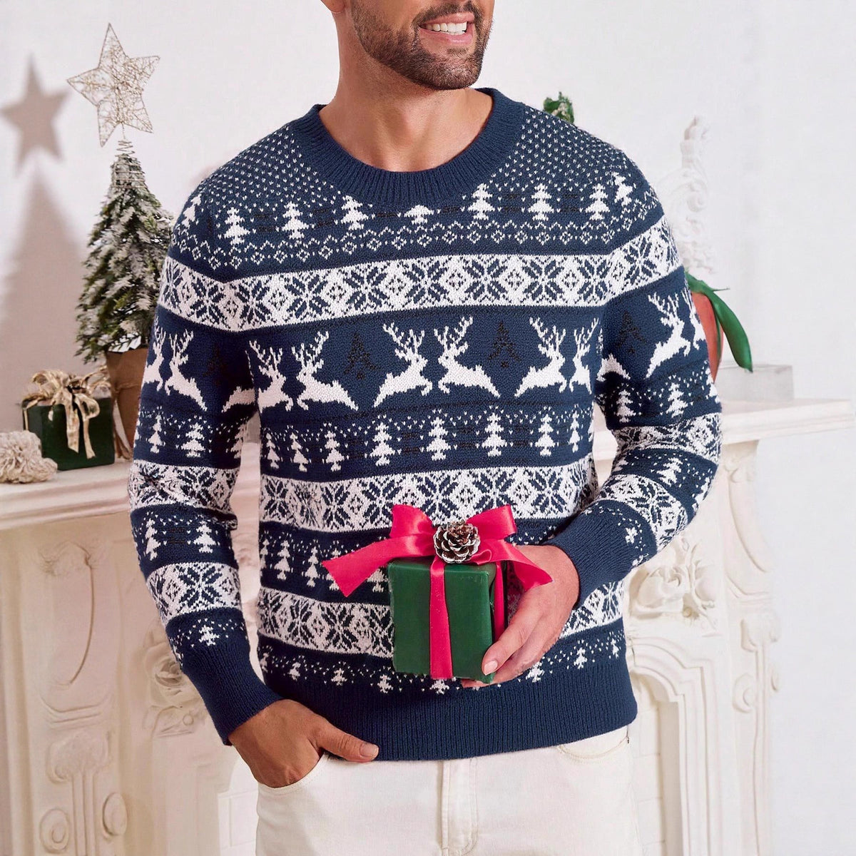 Men's Fair Isle Reindeer Christmas Sweater Crew Neck