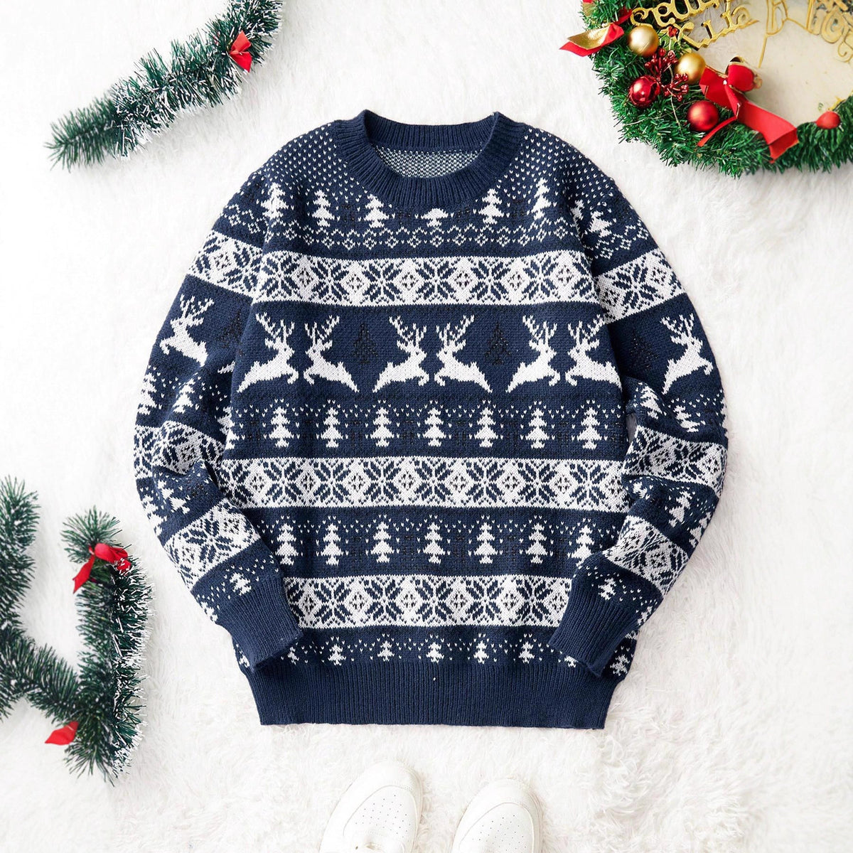 Men's Fair Isle Reindeer Christmas Sweater Crew Neck