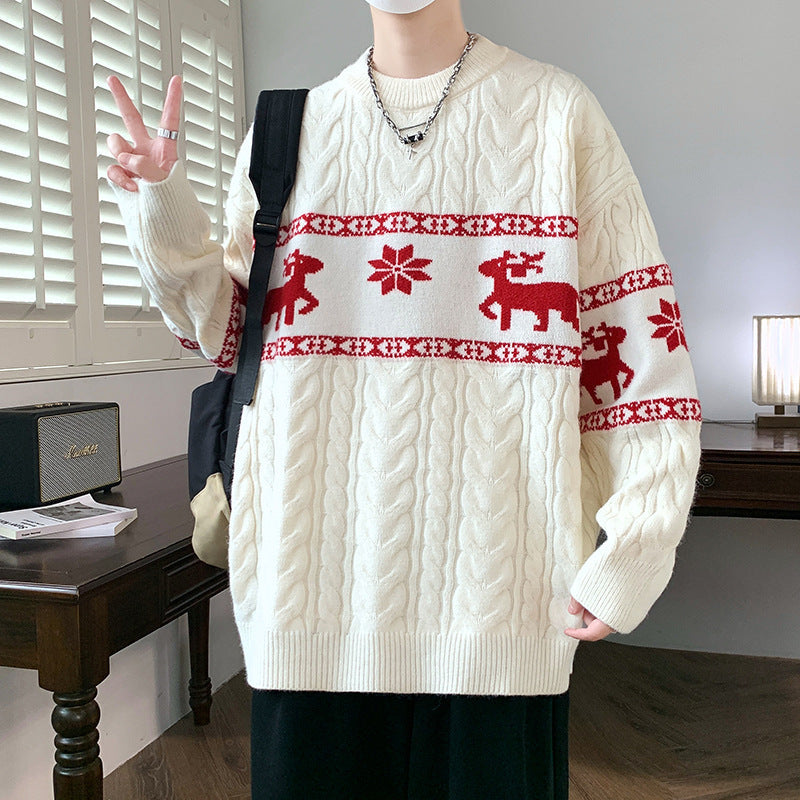 Men's Reindeer Christmas Sweater Cable Knit Crew Neck