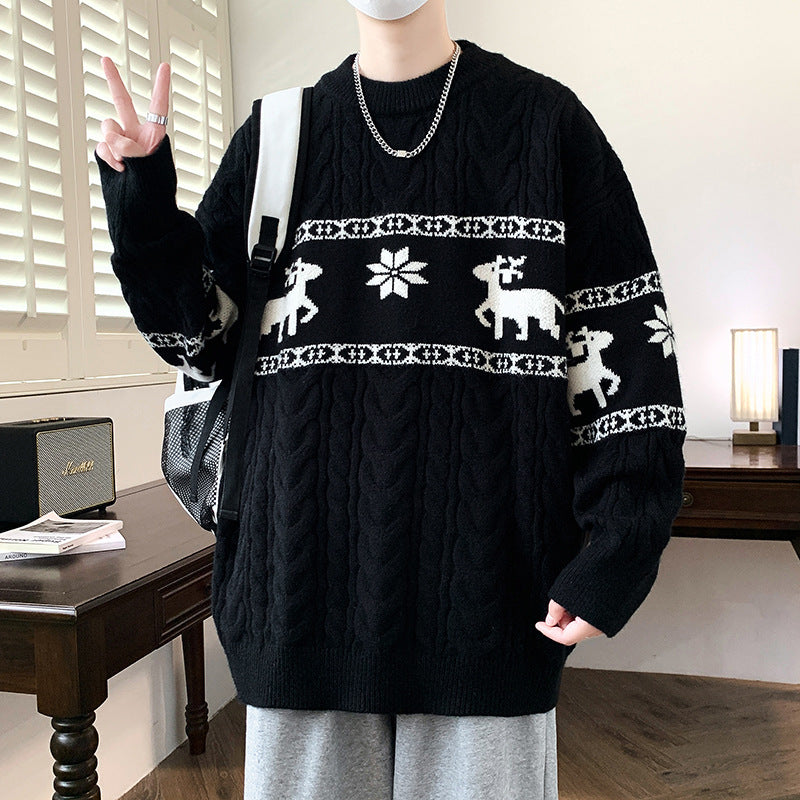 Men's Reindeer Christmas Sweater Cable Knit Crew Neck