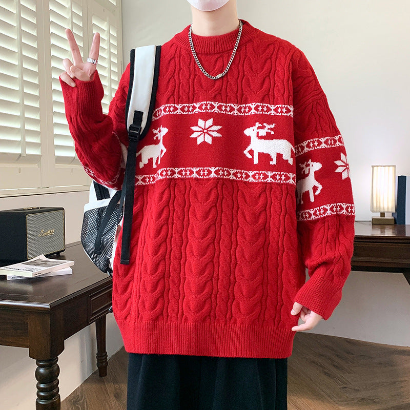 Men's Reindeer Christmas Sweater Cable Knit Crew Neck