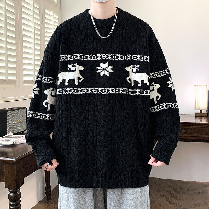 Men's Reindeer Christmas Sweater Cable Knit Crew Neck