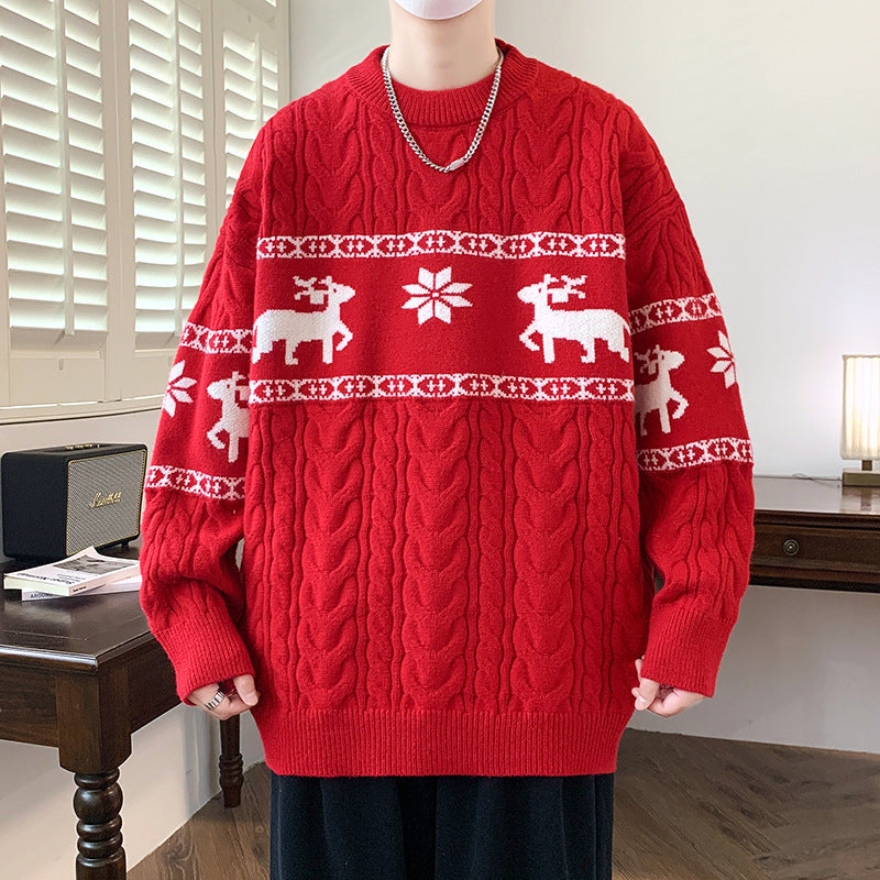 Men's Reindeer Christmas Sweater Cable Knit Crew Neck