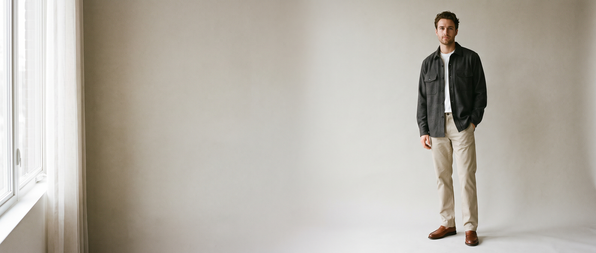 Man in a charcoal overshirt and stone chinos