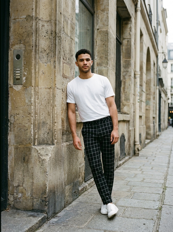 Man wearing Ethan checked pants on a city street