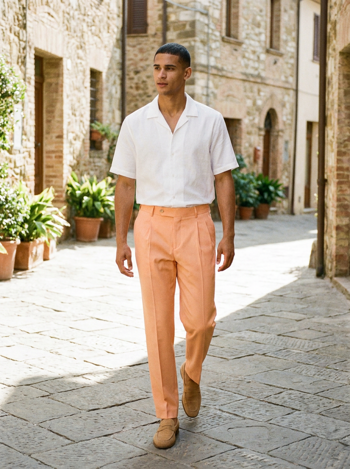 Man wearing Ethan double pleat trousers on a sunny street